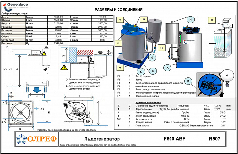 Размеры льдогенератора Geneglace F800 ABF